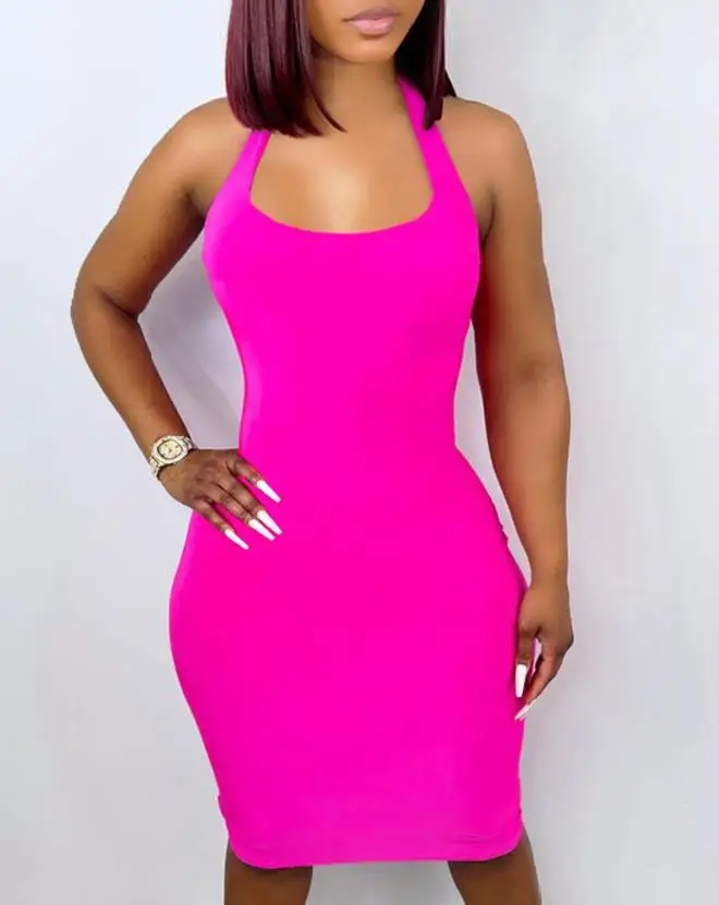 

New Fashion 2023 Women's Dress Summer Casual Sexy O-Ring Backless Sleeveless Bodycon Skinny Midi Dress Elegant Dresses for Women