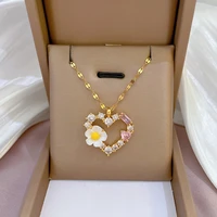 heart gold necklace for women pink zircon flower pendant luxury choke fashion romantic jewelry gifts for girlfriend free shiping