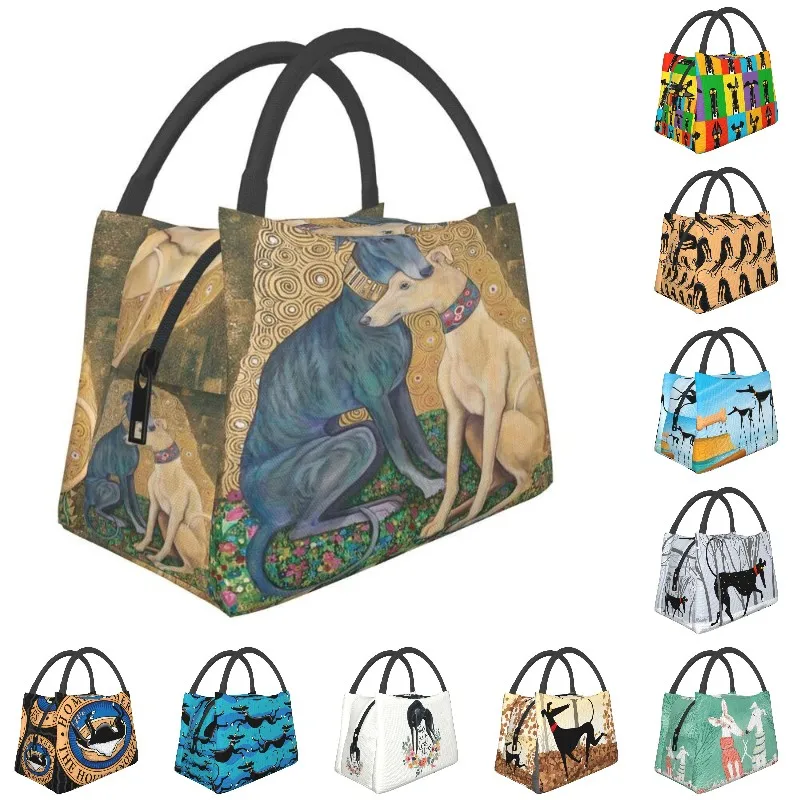 

Custom Gustav Klimt Greyhound Dog Art Lunch Bags Men Women Thermal Cooler Insulated Lunch Boxes for Work Pinic or Travel