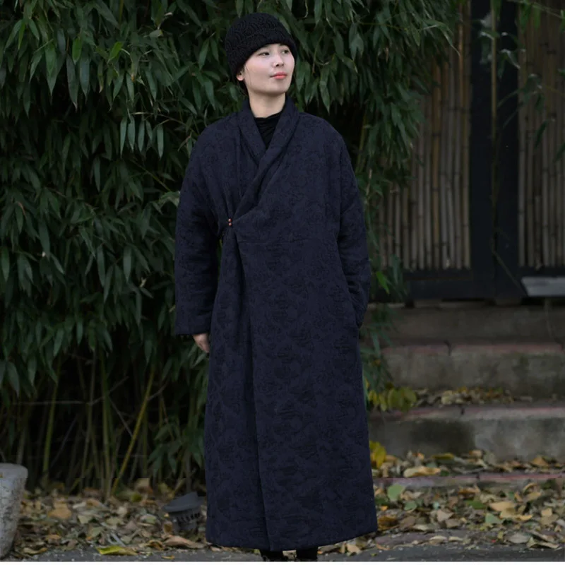 Винтажное жаккардовое хлопково-льняное длинное пальто Hanfu женский зимний