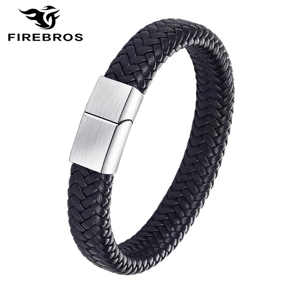 Износостойкий браслет из натуральной кожи FIREBROS черный/синий/красный нержавеющей
