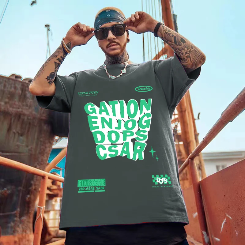 

2023 Summer Men O-neck Short Sleeve Tops American Style Cotton Tshirt Casual Oversize Fit T-shirt Creativity Design-y Print Tees