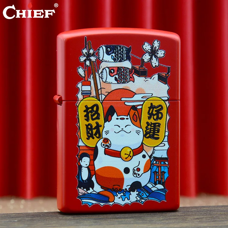 

chief leader windproof kerosene lighter color printing red dumb paint lucky cat men's gift smoking accessories
