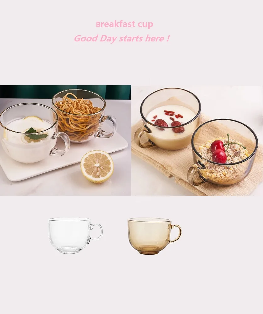 

2PC Set Transparent Glass Water Cup Tea Milk Coffee Mug Breakfast Dessert Cups With Handle Drinkware