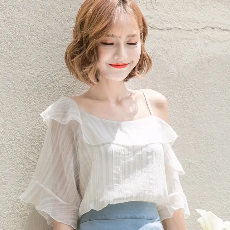 

2022 Women Summer New Fashion Off-Shoulder Chiffon Shirts Female Short Sleeve Loose Shirts Ladies Solid Color Blouses Tops F66