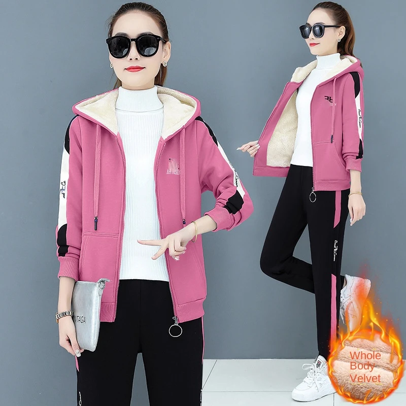

Women's Tracksuit Winter Thick Plush Warm Sports Pant Sets Korean Casual Sweatshirt Zipper Two Piece Set Women Top and Pants