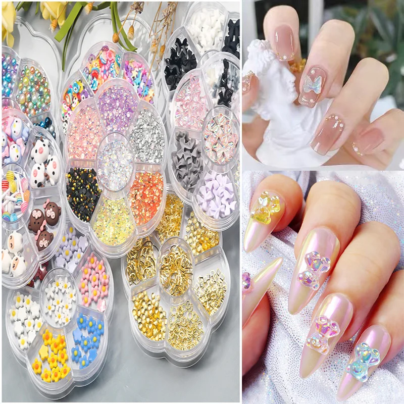 Nail Decoration 7 Grids Mixed Set Box Acrylic Accessories 3D Art Design Flower Aurora Bear Butterfly Rhinestone for DIY Manicure