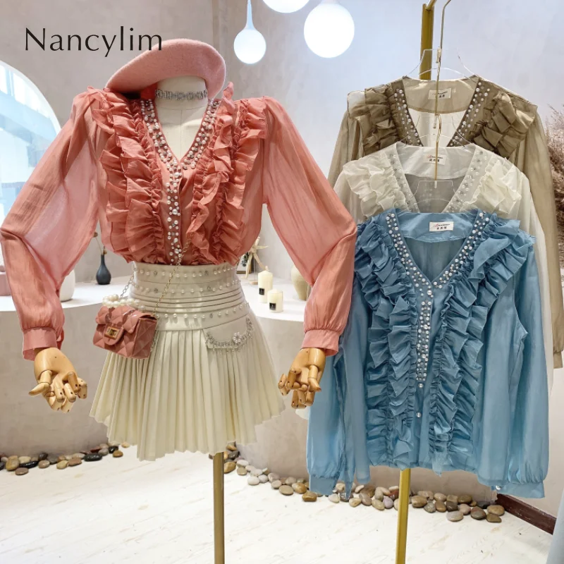 

Sweet Ruffled Blouse for Women Spring 2022 New Design V-neck Bead Loose Long Sleeve Shirt Ladies Top Casual All-Match Blusas