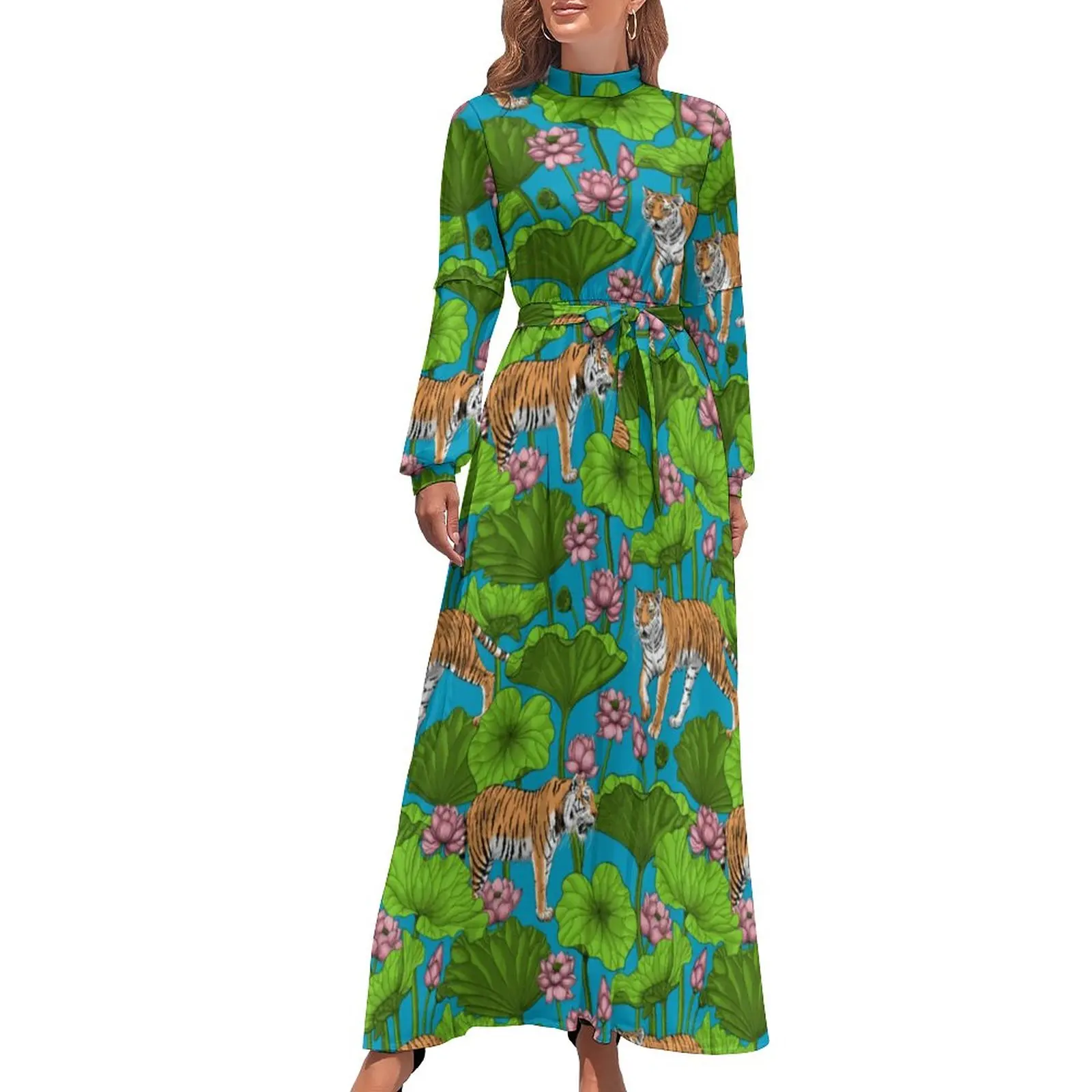 

Платье-макси с длинным рукавом и принтом тигра