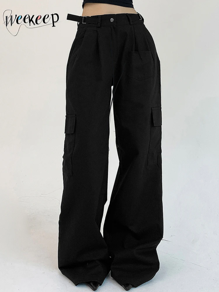 

Weekeep Women Black Cargo Pants Baggy Pockets Casual Sweatpants Korean Fashion Streetwear Capris y2k Aesthetic Trousers Vintage