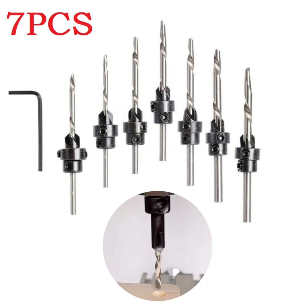 

7pcs Countersink Drill Bit Set Tampered Drill Wood Screw Drills Stop Collar Woodworking High Speed Steel Countersinks Drills Bit
