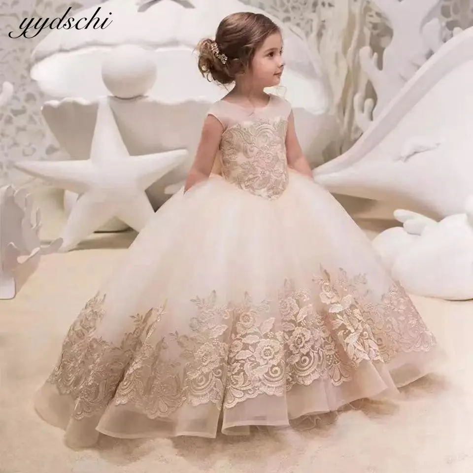 Elegant Lace Appliques Flower Girl Dresses For Wedding 2022 Ball Gown Kids Birthday Evening Party First Communion Gowns With Bow  - buy with discount