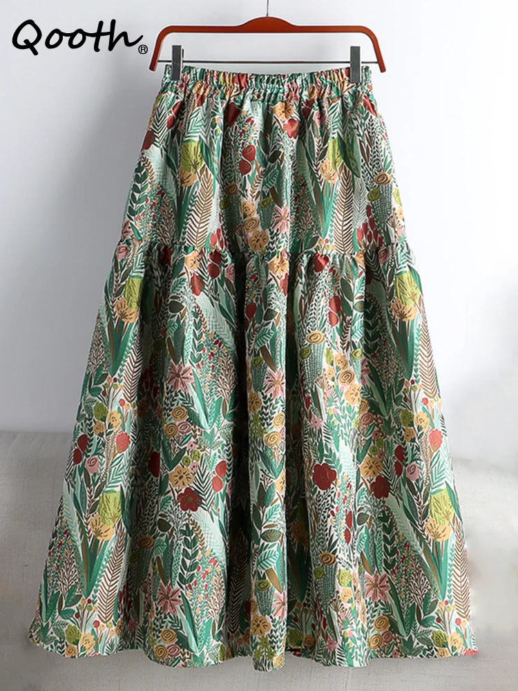 Qooth Spring Stitching Jacquard Floral Embroidery Mid-length A-line Skirt Women's High Waist Chic Elegant Skirt QT1676