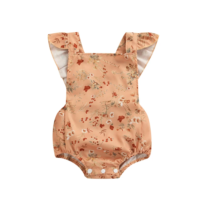 

Baby Girl Romper, Short Sleeve Square Neck Floral Buttons Toddlers Loose Summer Casual Bodysuit