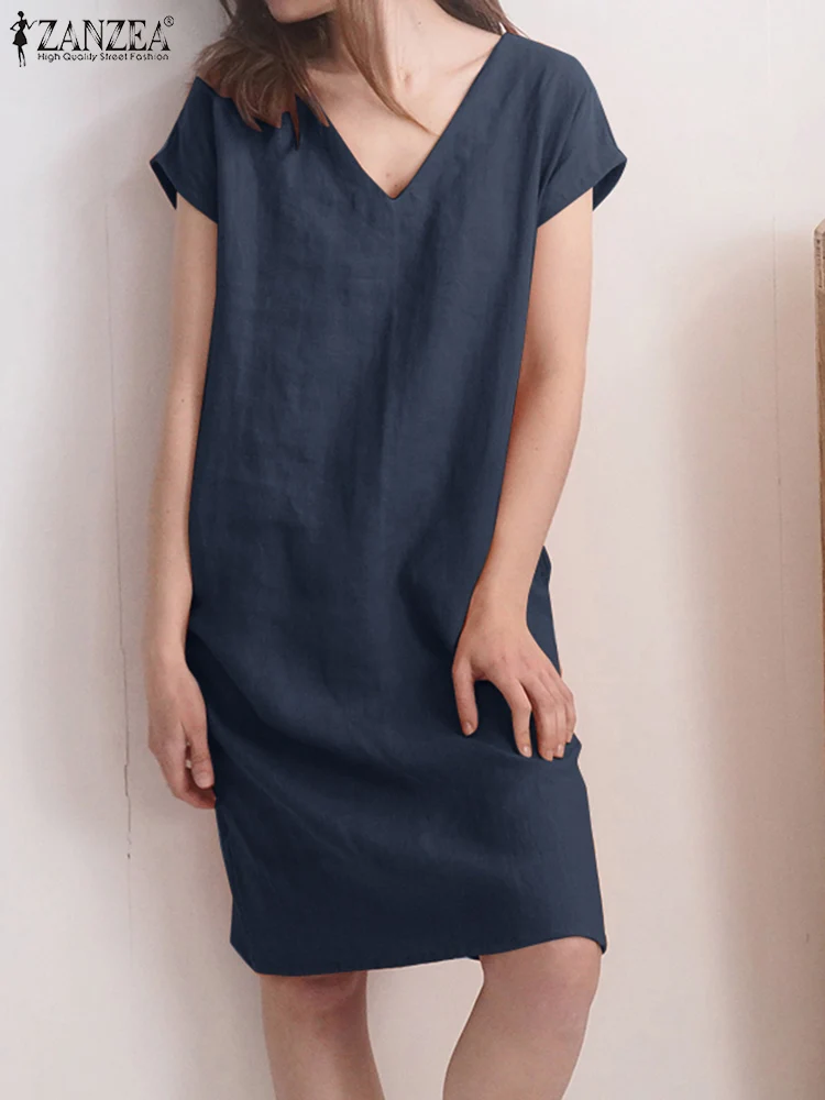 

2022 ZANZEA Femme Short Sleeve V-Neck Solid Sundress Summer Women Fashion Dress Work OL Vintage Casual Holiday Beach Vestido