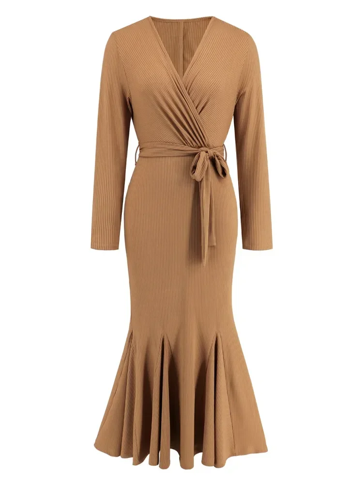 

2023 Dress for Women Clothes Solid V-neck Long Sleeve Slim Fit Style Fishtail Knitted Lace-up Pullover Long Dresses Casual Skirt