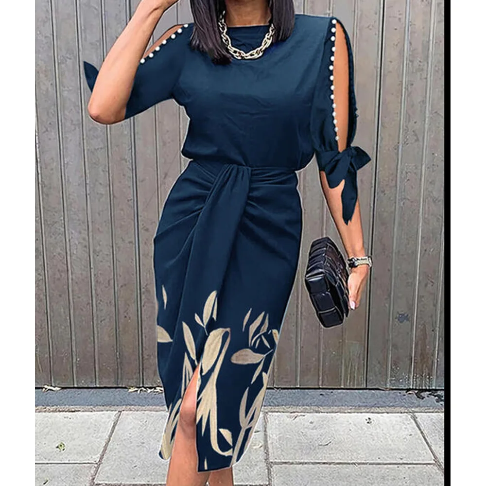 

2022 Spring Printed Bodycon Dress Women Sexy Hollow Out Belted Mid-Sleeve Party Robe Femme Split Office Pleated Maxi Vestidos
