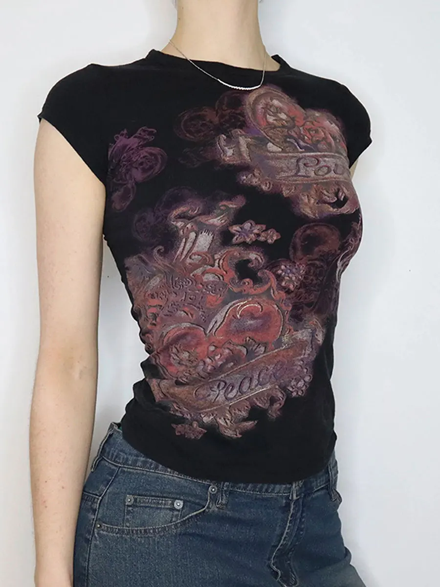 

Женская футболка с круглым вырезом, облегающий топ с винтажным принтом и рукавами-крылышками, блузки в стиле гранж, сексуальная женская одежда, эстетическая одежда, уличная одежда