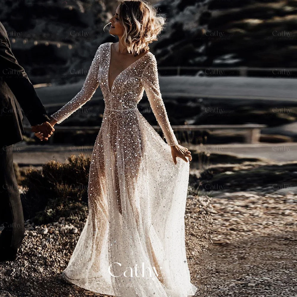 

Sequins A-line Long Sleeves Wedding Dress Glitter V-neck Vestidos De Novia Beach Illusion فستان Sequined Beading Robe Mariée