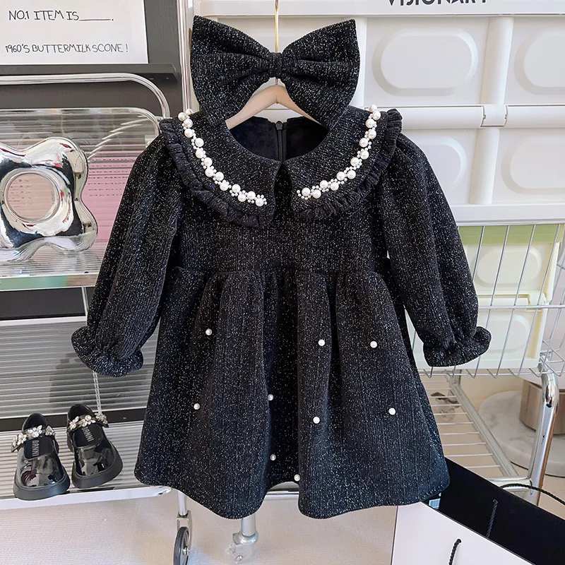 

Laura Kors 2023 New Winter New Arrivals Girls Dress Long Sleeve Pearl Fleece Bow Black Cute Sweet Baby Dress Vestidos 18M-6T