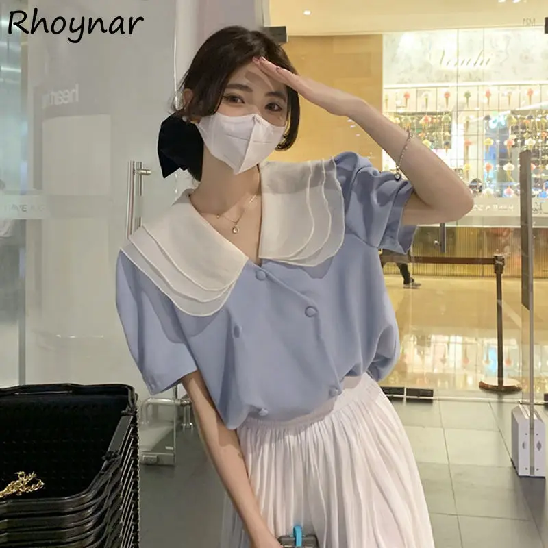Shirts Women Simple Patchwork Ruffled Thin Puff Sleeve Summer All-match Kawaii Korean Style Streetwear Casual Teens Fashion Ins