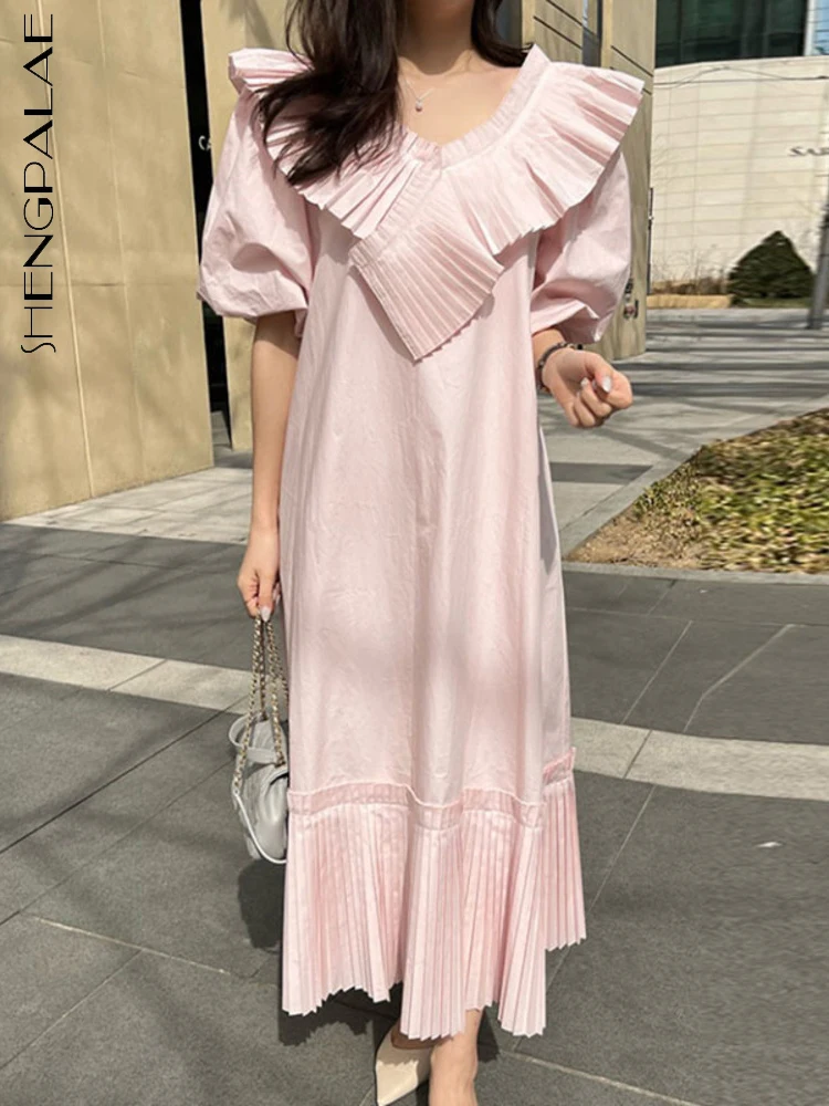 

SHENGPALAE Elegant Dress Women 2022 Summer New Fashion Tide Ruffles Folds V Neck Short Sleeve Solid Color Korean 5AE1151