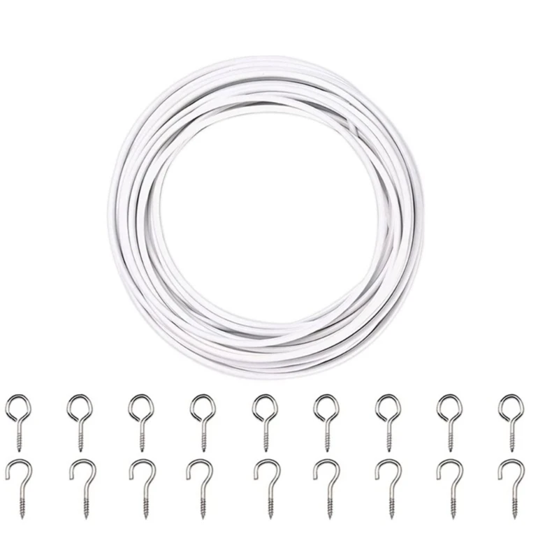 

10m Curtain Wire Screw Eyes and Hooks Wall Picture Net Curtain Rods Clothesline