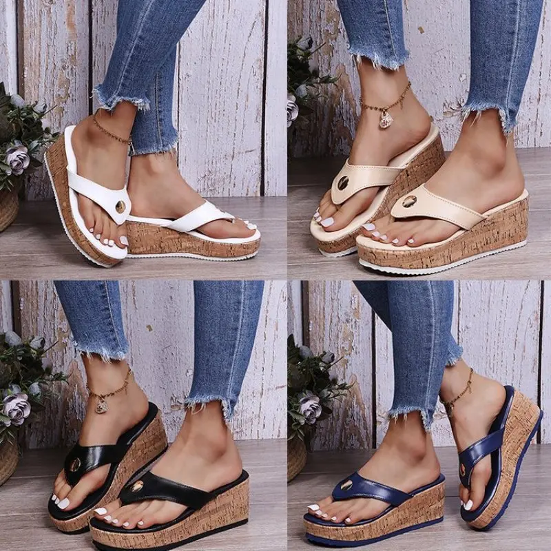 

2022 Peep Toe Wedges Slippers Women Pu Leather Latform Sandals Fashion Heeled Shoes Casual Summer Slides Slippers Mujer Verano