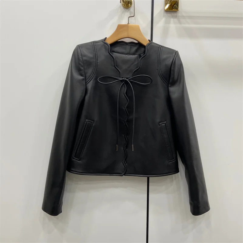 2022 New Real Sheepskin Leather Coats Female Women's Fashion Genuine Leather Motorcycle Jackets V Collar Outerwear With Belt