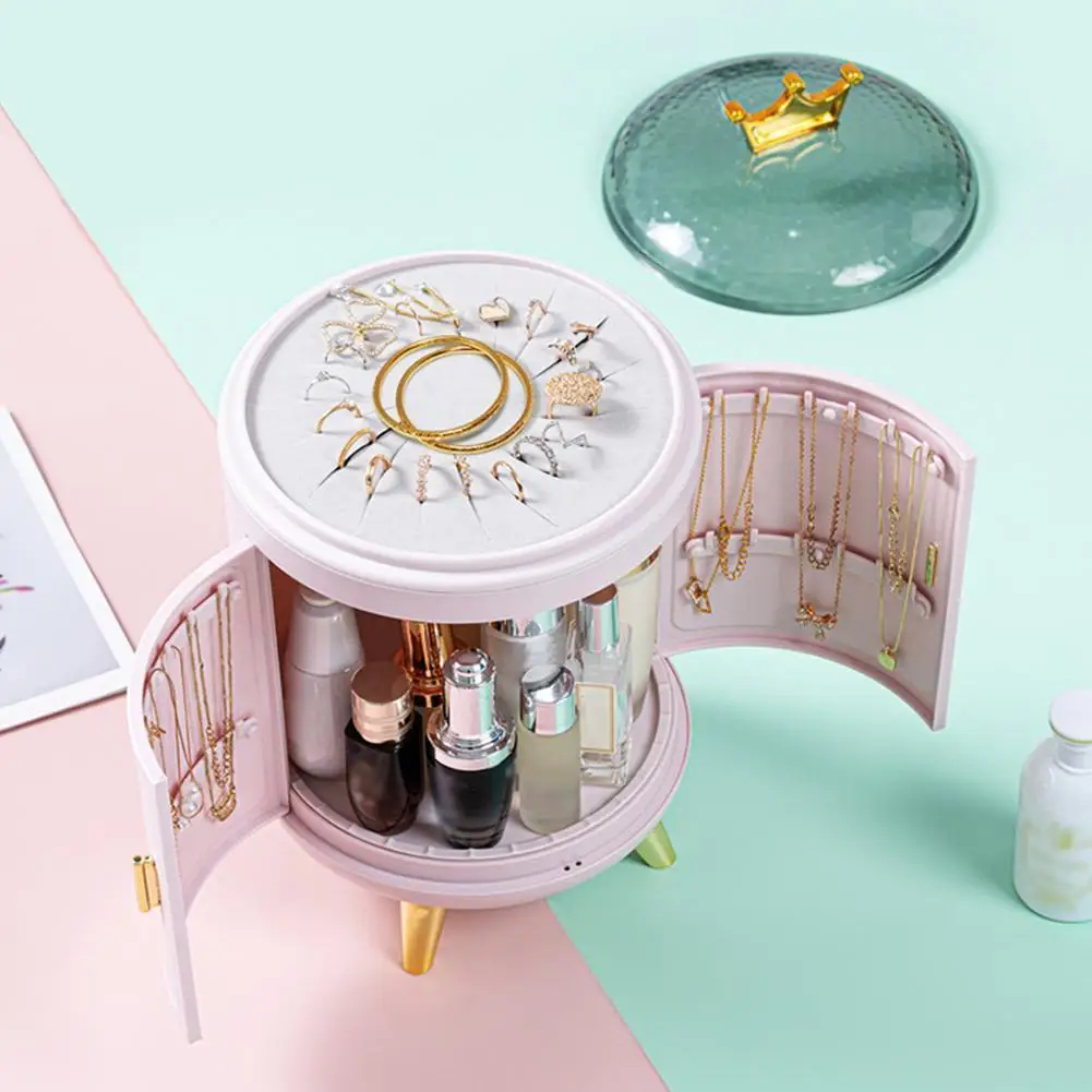

360 Rotation Makeup Jewelry Organizer Luxury Crown Cosmetic Storage Box Desktop Dust-Proof Earring Necklace Display Beauty Case