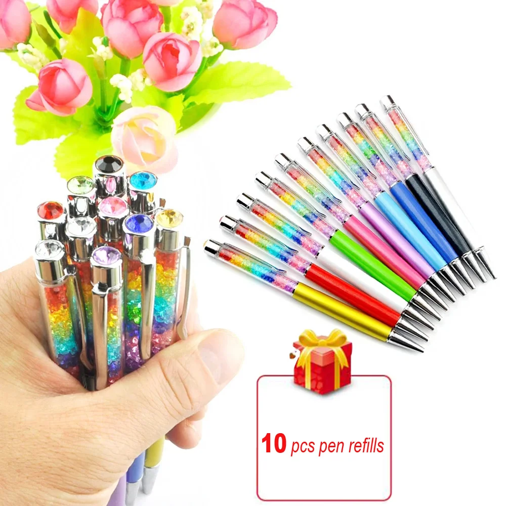 

Rainbow Crystal Bling Diamond Roller Ballpoint Pen Office School Stationery Metal Novelty For Girls Wedding Gifts Black Blue Ink