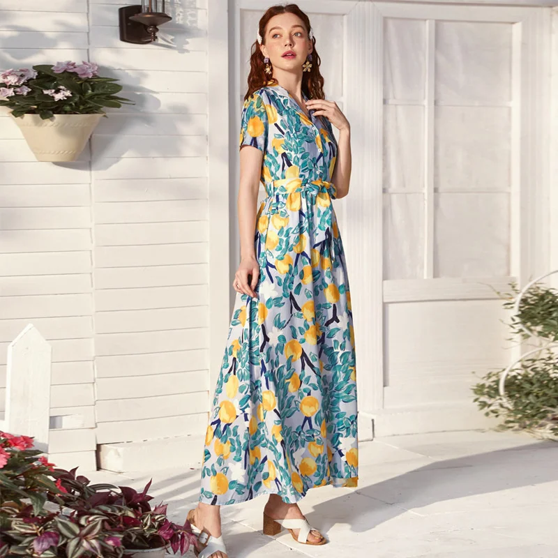 Hot Selling Print V-neck Short Sleeve Belt Sweet Long Robe Summer Dress Woman 2023 Trendy