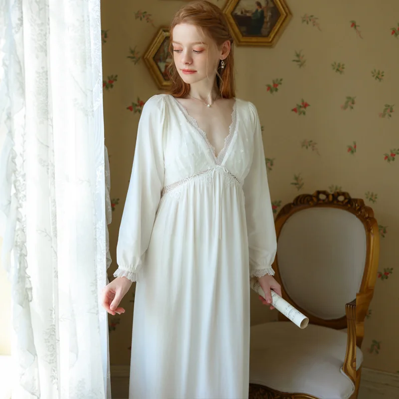 Sexy Nightgown Cotton Women's Spring And Autumn Long Sleeve Long Vintage Palace Princess Style Sweet Lace Thin Pajamas