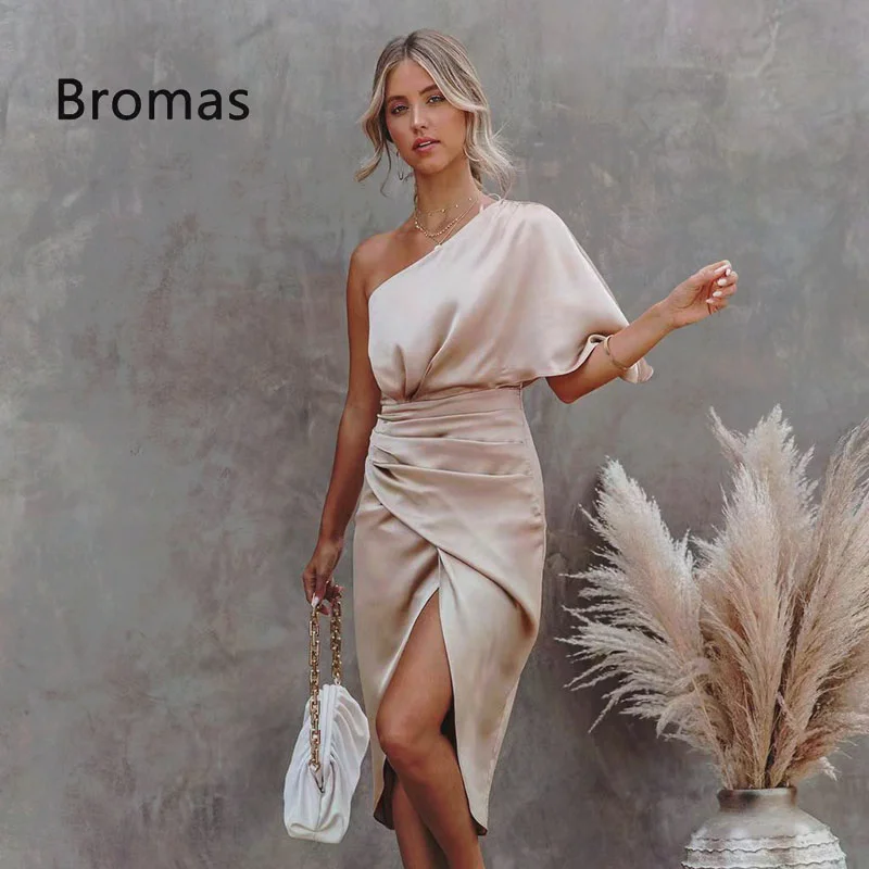 

Satin One Shoulder Irregular Dress For Women Solid Sexy Fitted Club Party Bodycon Dress 2023 Summer Evening Dresses