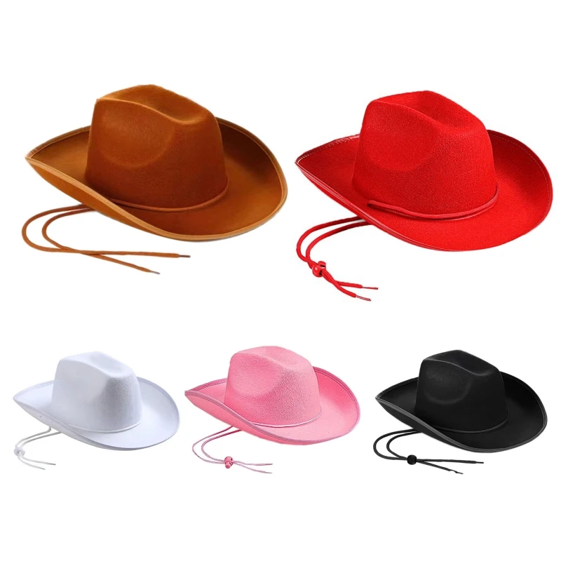 

E9LC Classical Solid Color Felt Cowgirl Hat with Anti-slip Band Western Hat Anti-uv