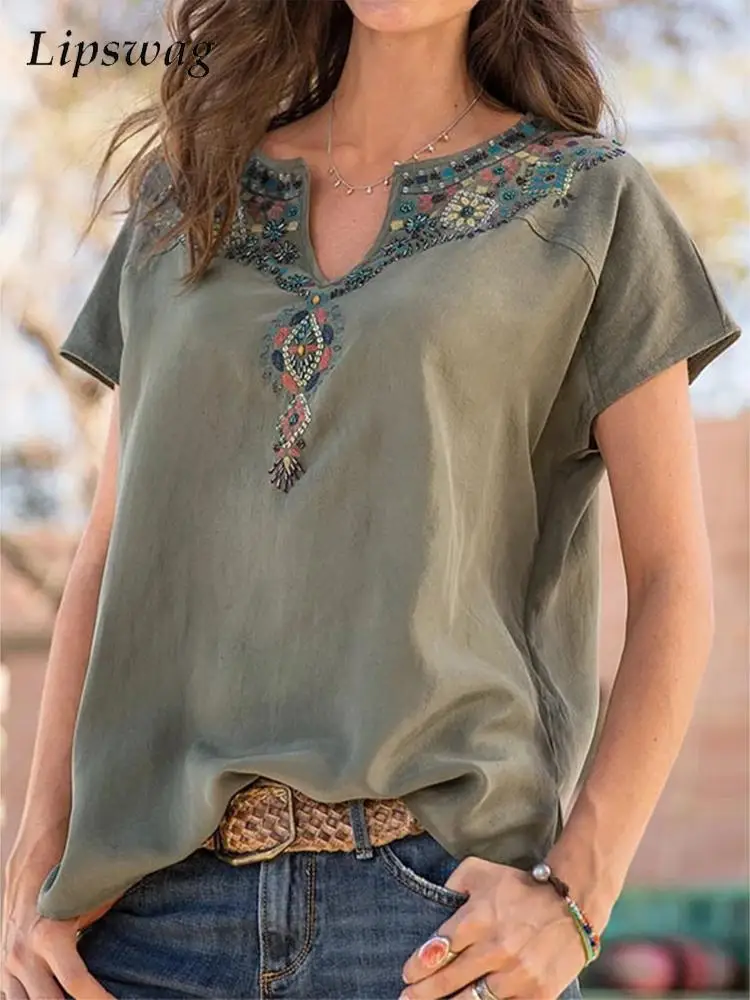 

Summer Women V Neck Short Sleeve Blouses Casual Floral Print Linen Cotton Shirt Pullover Vintage Ladies Tops Blouses Streetwear