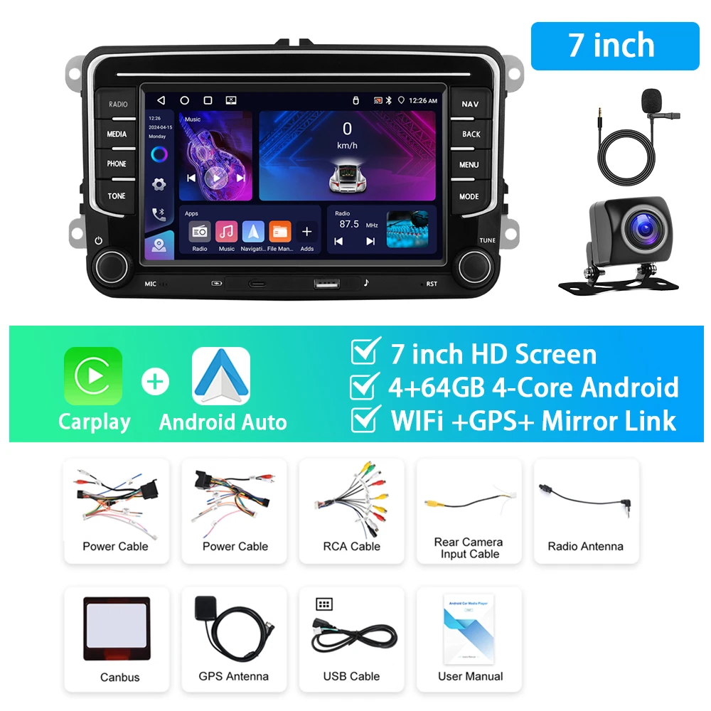 

Podofo 4-ядерная 7-дюймовая автомобильная стереосистема для VW/MAGOTAN/SHARAN/CADDY/POLO, мультимедийный плеер, Wi-Fi, GPS, Carplay, Android Auto 4 + 64G RDS, автомобильное аудио