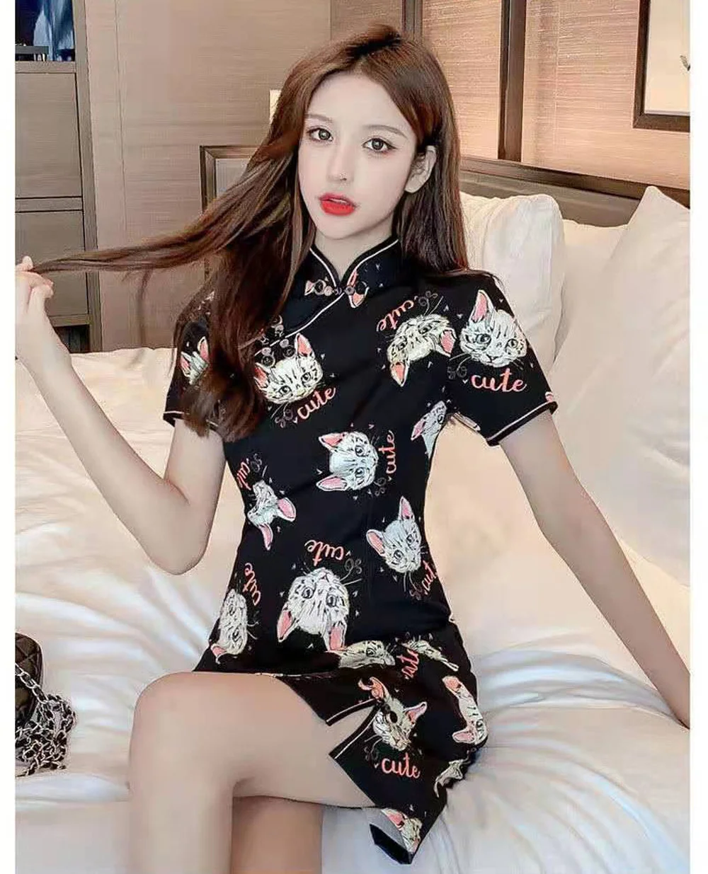 Женское винтажное платье-Ципао черное облегающее платье в китайском стиле с