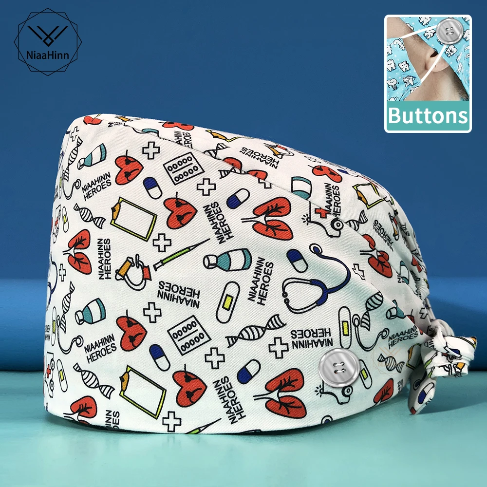 

Adjustable Scrub Pet Shop Work Cap Dust Hat Scrub Baotou Hat Nursing Print Wholesale Breathable Unisex Cotton Surgical Cap Woman
