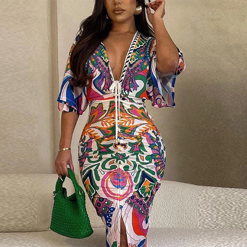 

Fashion Pattern Printed Deep V Slim Dress Lady Elegant Half Sleeve Draped Pleated Split Hip Wrap Dress Casual Office Long Dress