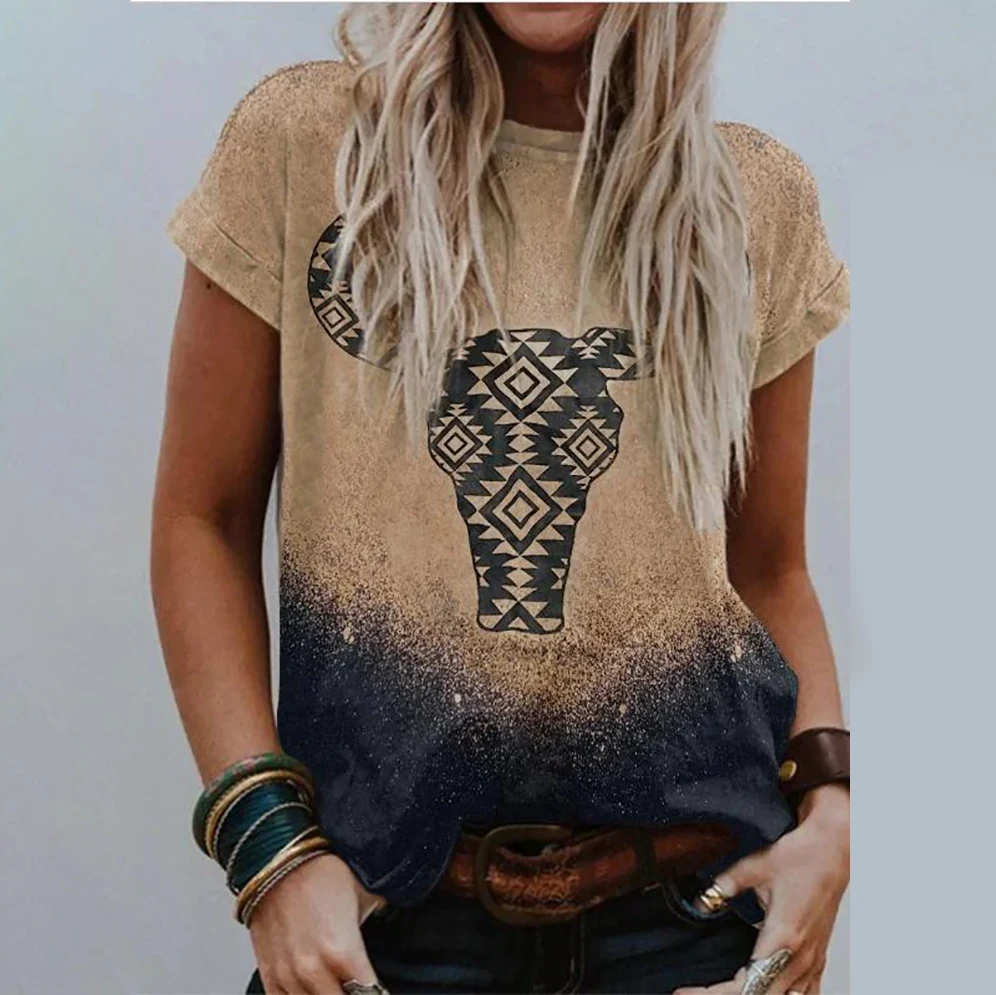 

Ladies Aztec geometric print casual short-sleeved T-shirt