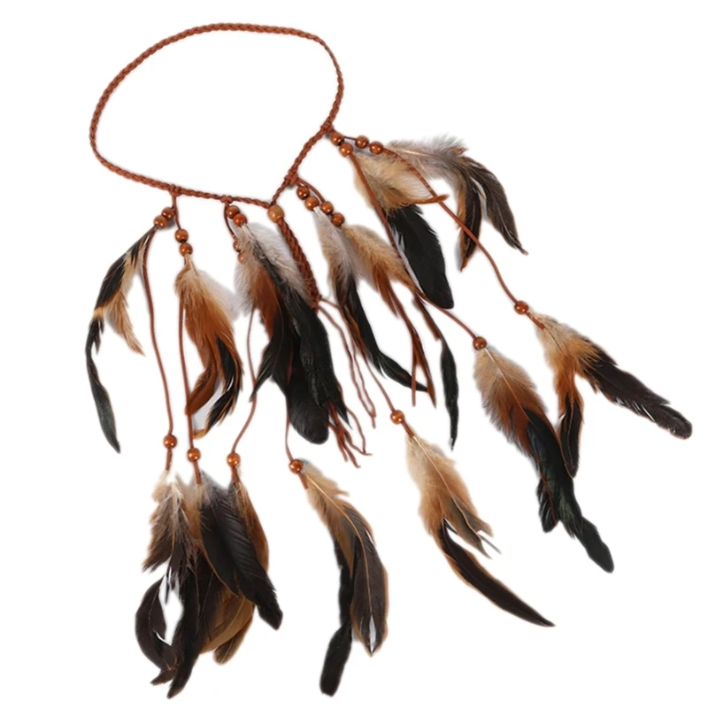 

Повязка на голову с перьями и деревянными бусинами в богемном стиле, цыганские аксессуары для волос для фестиваля, маскарада,