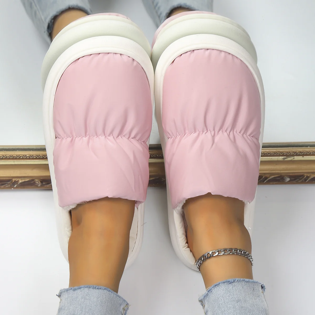 

Waterproof Home Slippers for Women Winter 2023 Keep Warm Plush Cotton Shoes Woman Lightweight Soft Sole Non Slip Indoor Slippers