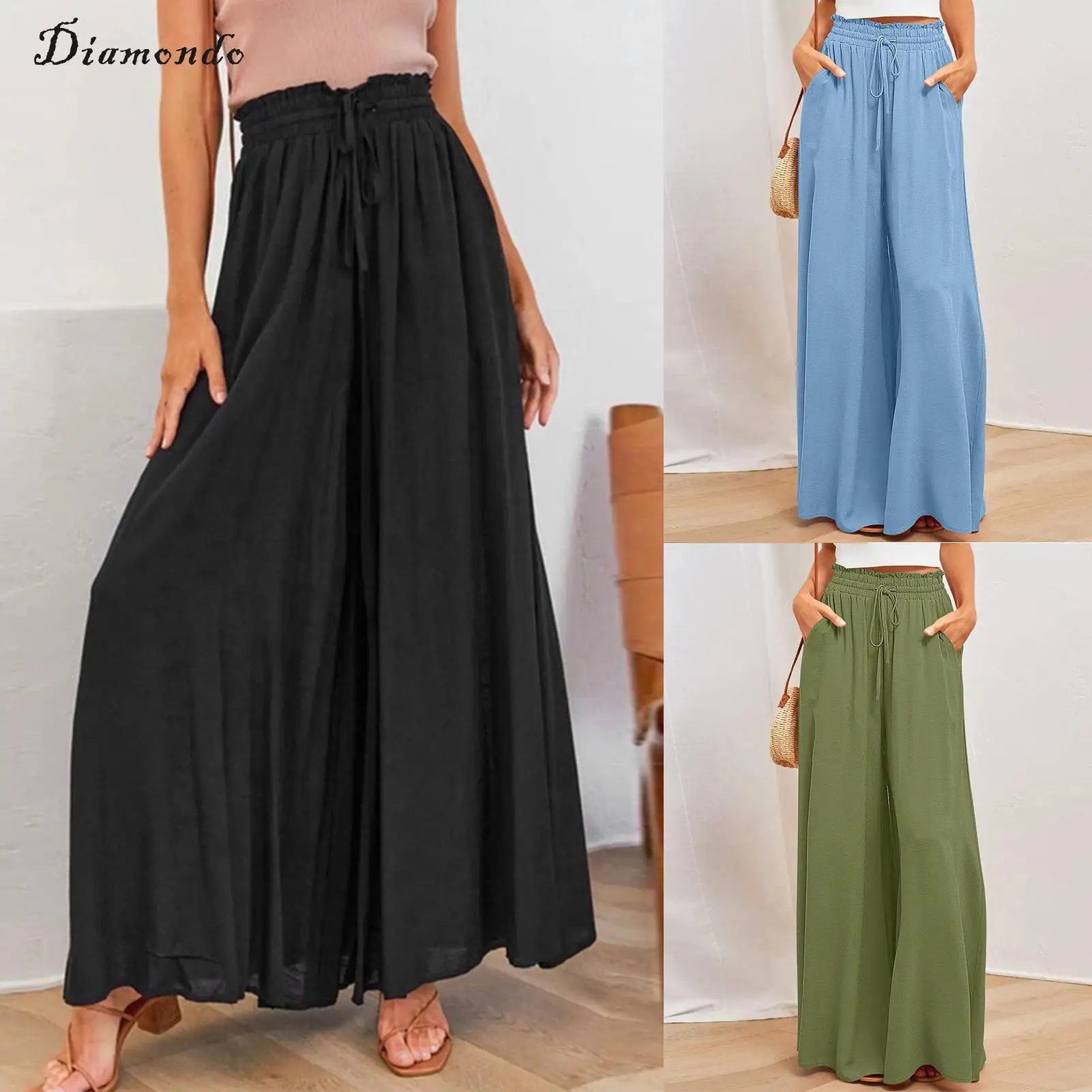 

Плиссированные брюки с высокой талией, повседневные однотонные Женские Мешковатые брюки на шнуровке, летние простые модные элегантные брюки с эластичным поясом