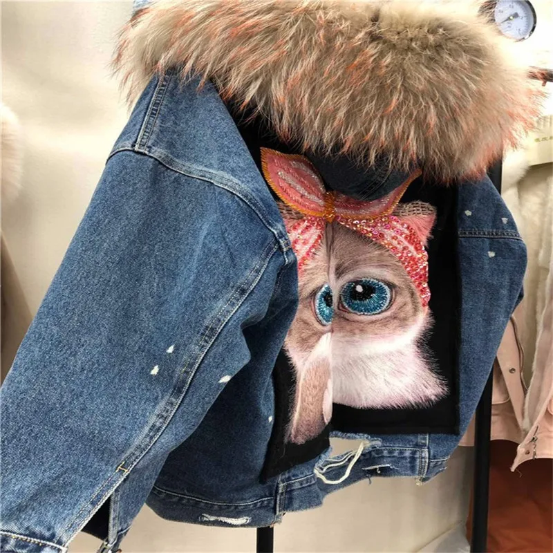 Back cartoon cat print thick fur liner real fur parka women natural raccoon fur collar denim jacket oversized fur hood coat