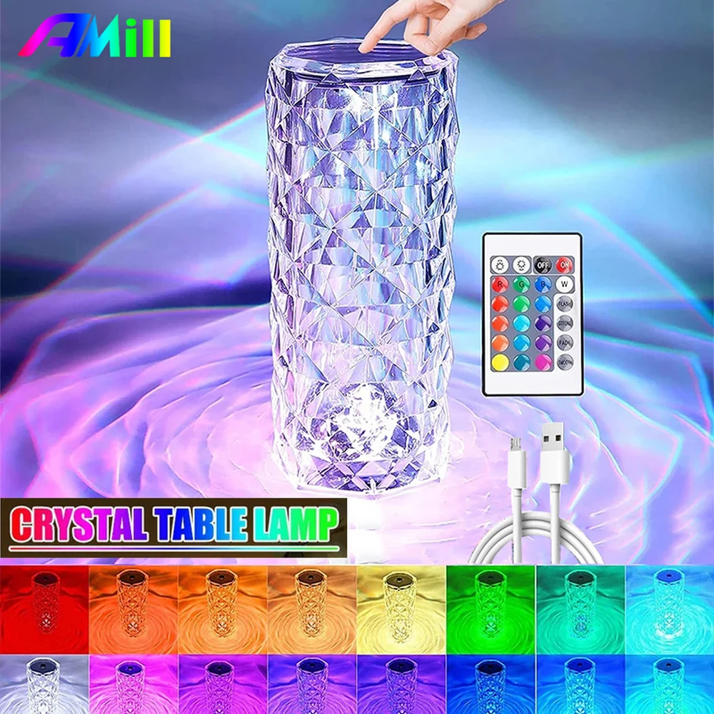 

LED Crystal Table Lamp Rose Light Projector 3/16 Colors Touch Adjustable Romantic Diamond Atmosphere Light USB Touch Night Light