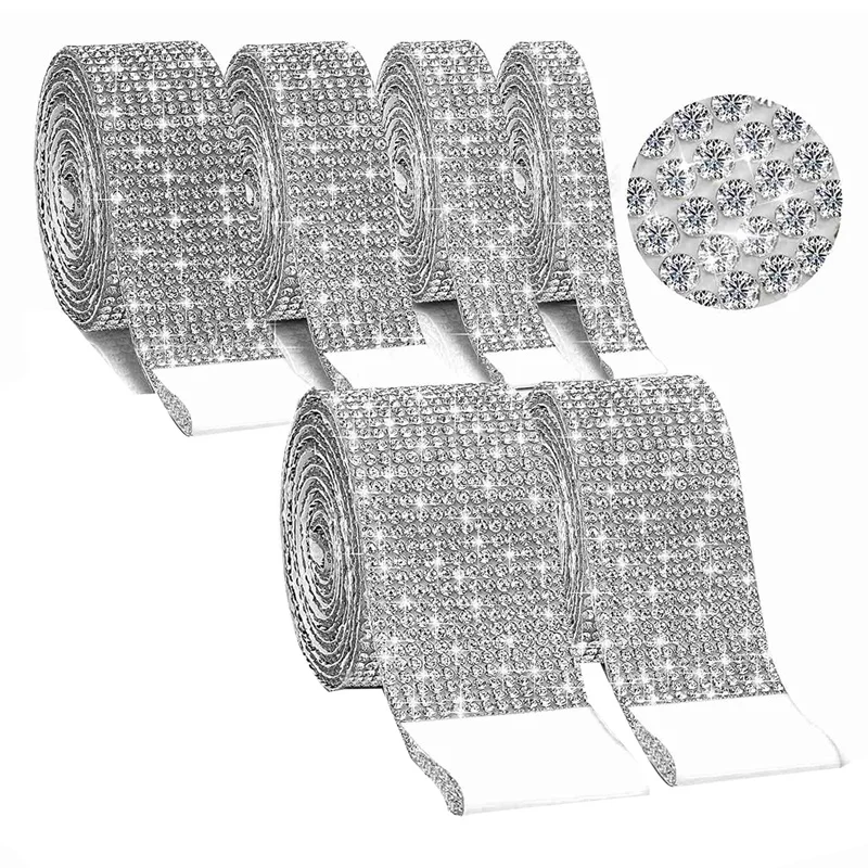 

6 Rolls Rhinestone Ribbon Silver, Self Adhesive Diamond Crystal Bling Wrap Roll Glitter Jewelry Sticker Tape