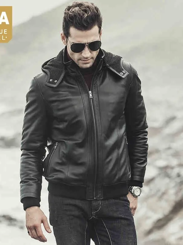 

Real Leather Jacket Men Winter Slim Cotton Thicken Hooded Jacket Brand Black Casual Genuine Sheepskin Short Coats Plus Size 5XL