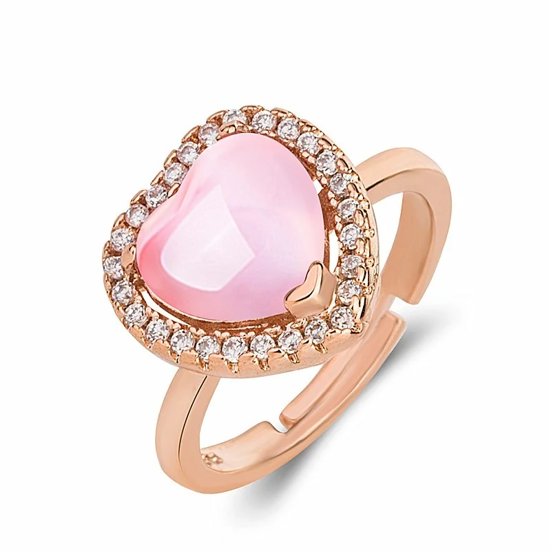 

Natural Chinese Pink Chalcedony Hand-carved Heart-shaped Ring Boutique Jewelry Women Pink Crystal Adjustable Opening Ring