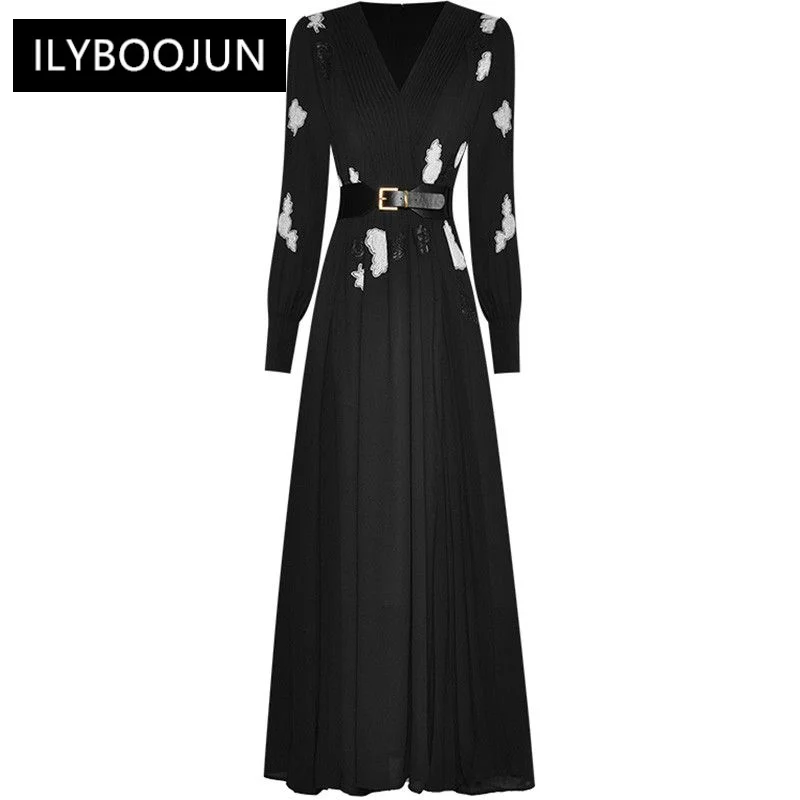 

Женское винтажное плиссированное платье, модельное черное платье с V-образным вырезом, приталенное длинное платье-трапеция с поясом и вышивкой, лето